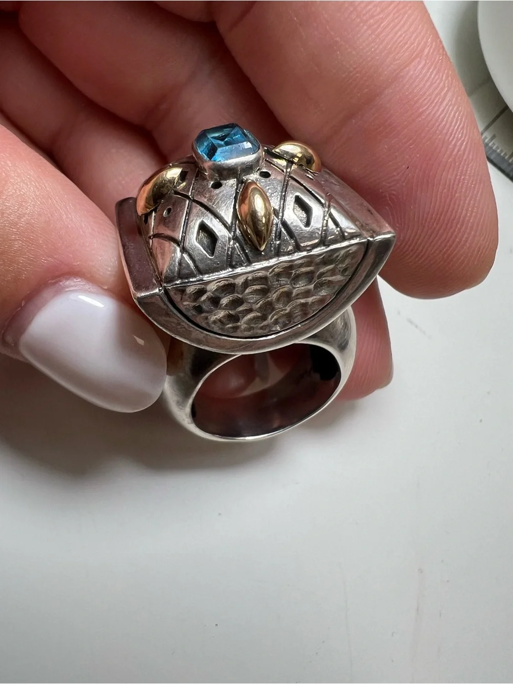 925 Sterling Silver Zanfeld Blue Topaz Accent Wide Ring with 14K Gold Accents